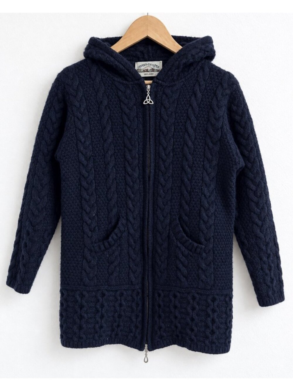 Aran Crafts Merino Wool Cable Knit Hooded Zip Cardigan Navy Women’s Estimated M